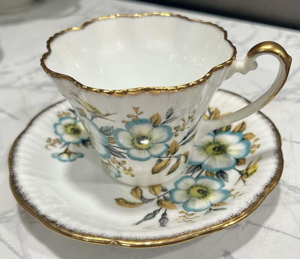 Vintage Salisbury Teacup Set Blue Blossoms Pattern 3575 Gold Gilt Aqua/Turquoise
